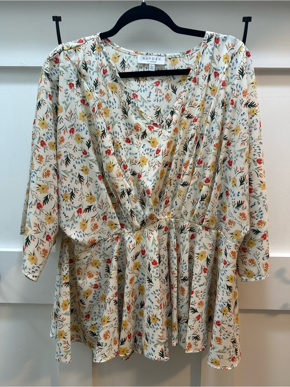 Boutique Brand, Hayden, Cream Floral V-Neck Peplum Top with Yellow & Red Flowers